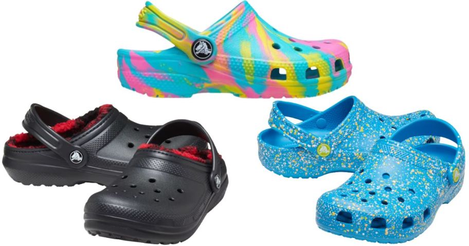 3 styles of crocs in black, blue, and rainbow marble