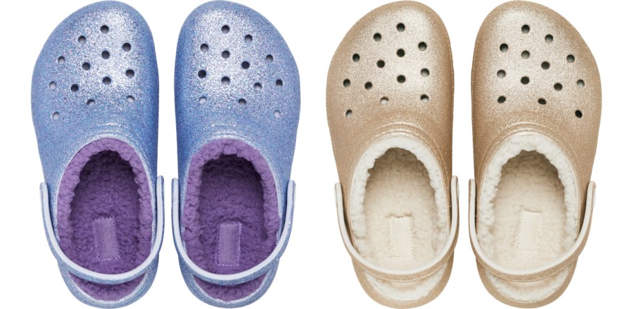 purple and gold pairs of lined glitter crocs