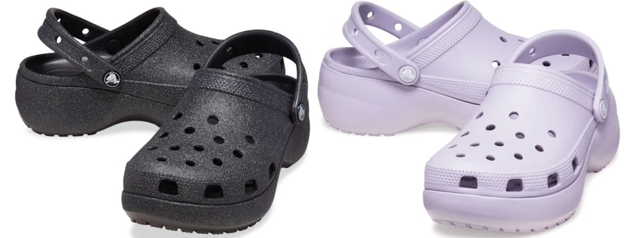 pairs of black glitter and light purple platform clogs