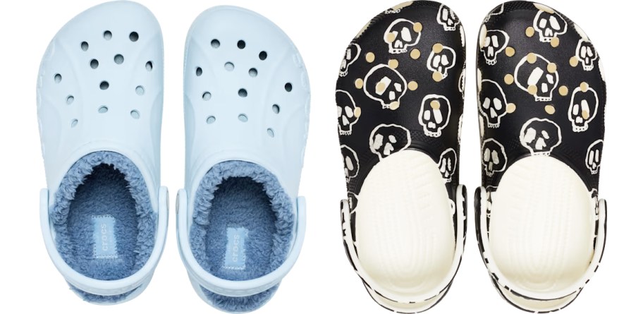 light blue fleece lined and black and white skull print crocs clogs