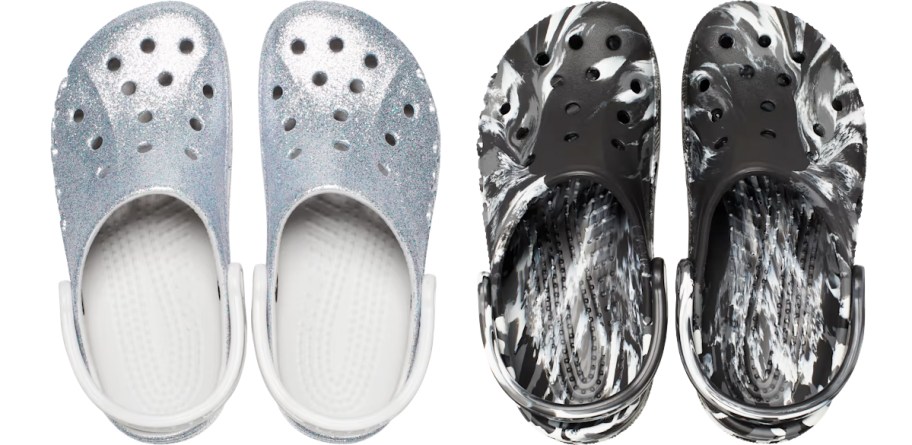 silver glitter and black/white marbled pairs of crocs clogs