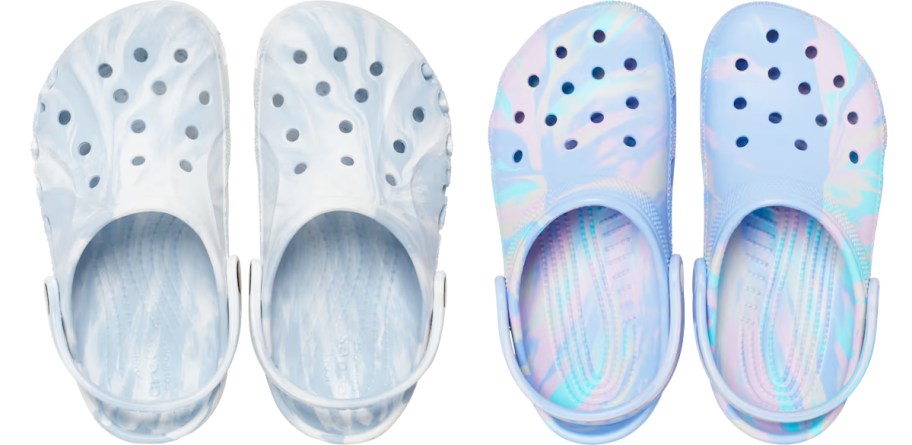 two pairs of marbled crocs clogs