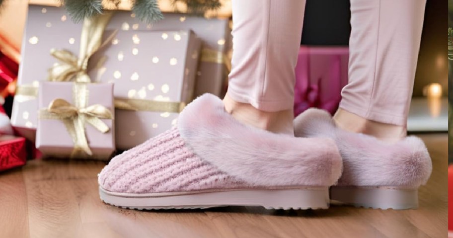 woman wearing Dearfoams pink Clogs