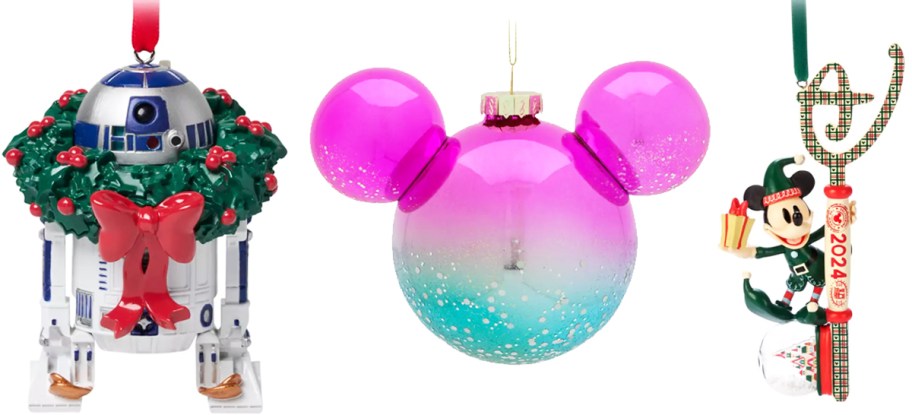 three Disney Christmas Ornaments in a row