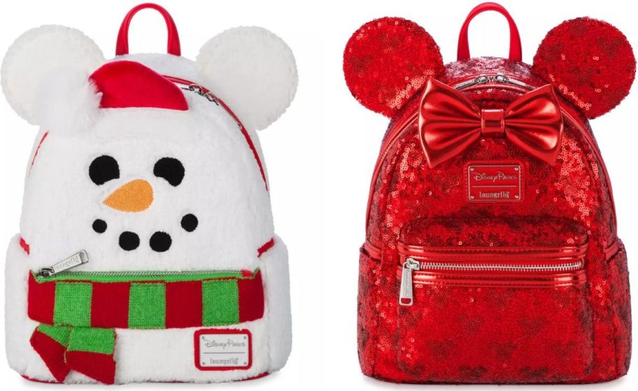 Stock images of two Loungefly disney Holiday Mini Backpacks