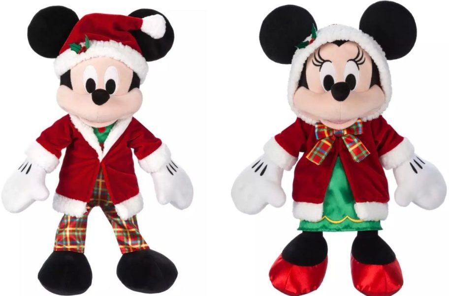 Stock images of two Disney Mickey & Minnie Holiday Plush