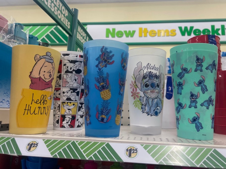 Disney cups displayed at the dollar tree