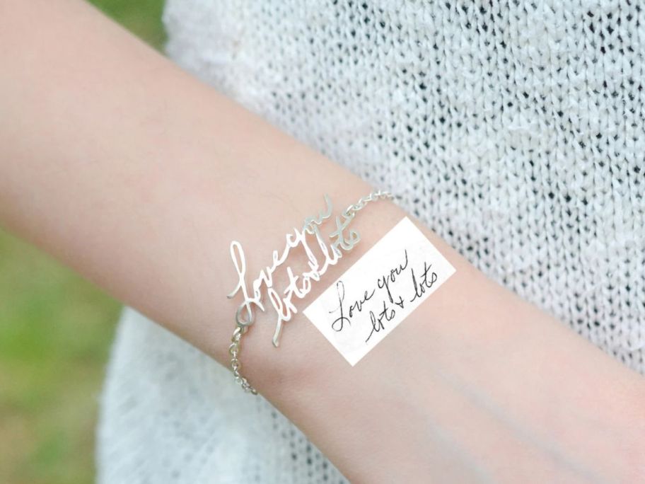 Etsy Mackenzie Treasury Custom Handwriting Bracelet on a wrist