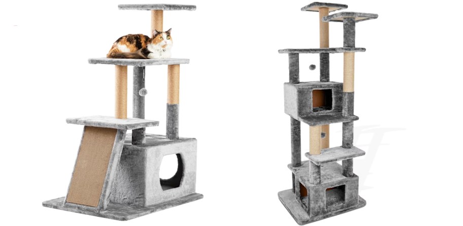 two grey cat trees