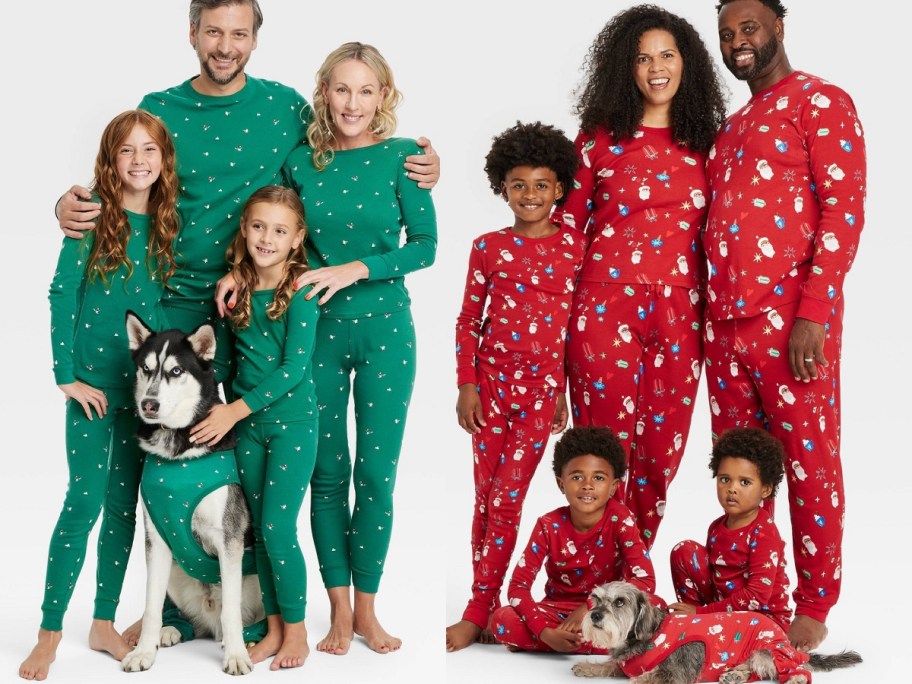 Family matching christmas pajamas in green and red