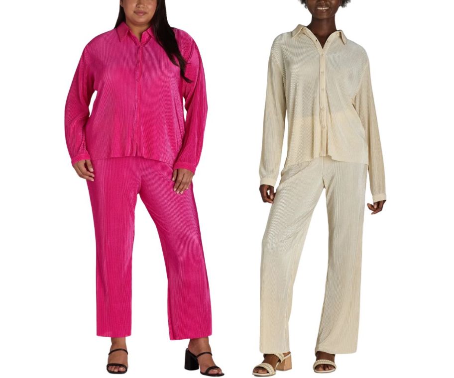 two models wearing 2-Piece lounge sets with wide leg pants. stock image