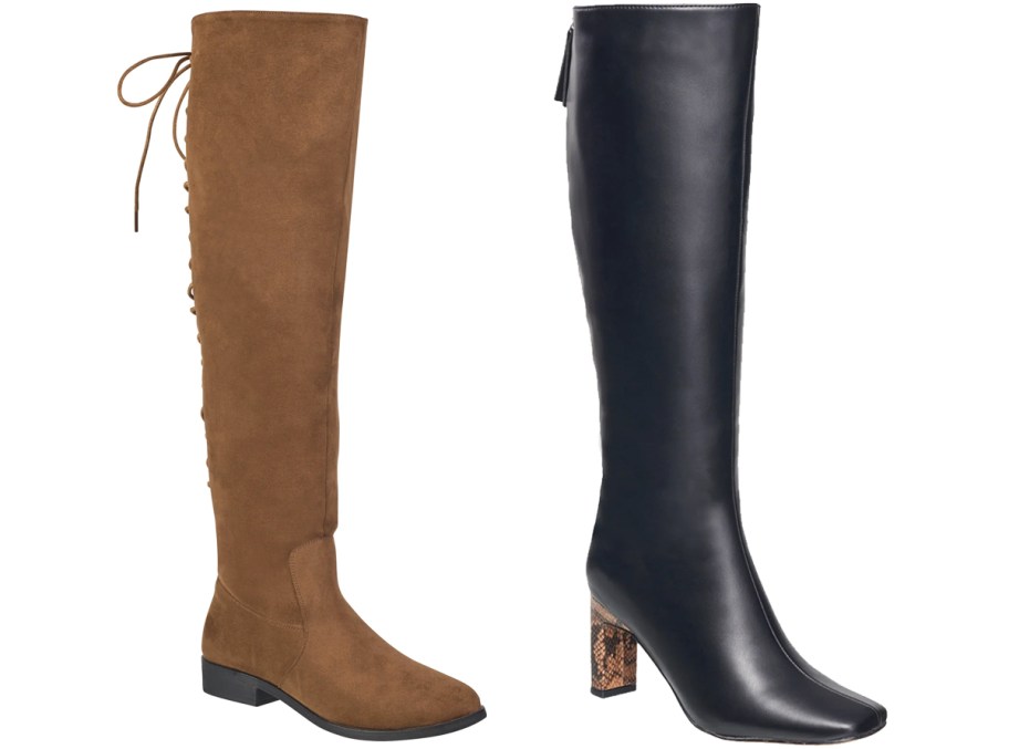 brown and black knee high boots