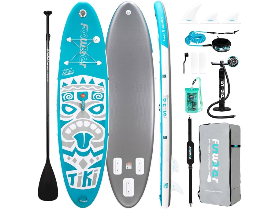 teal, grey, and white paddleboard with accessories