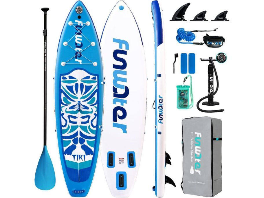 A blue FunWater Inflatable Ultra-Light Stand Up Paddle Board with accessories