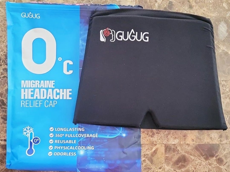 migraine relief cap on top of it's blue packaging