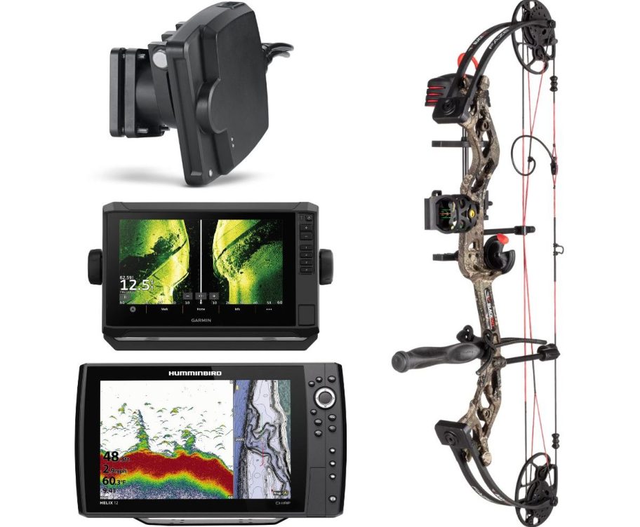 two fish finders, a transducer and a compound bow stock images