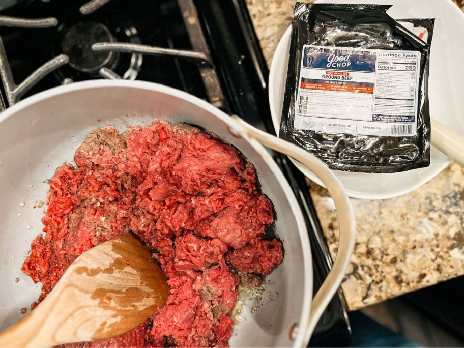 A pan filled with Good Chop Ground Beef