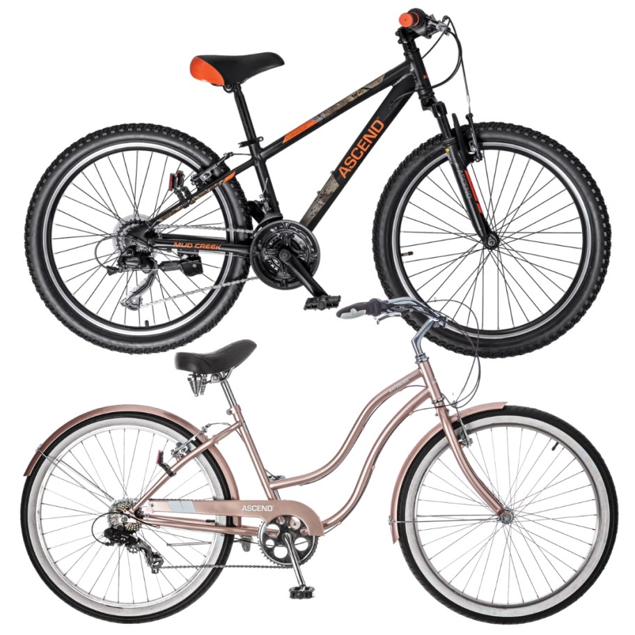 kids black and orange mountain bike and adults pink cruiser bike