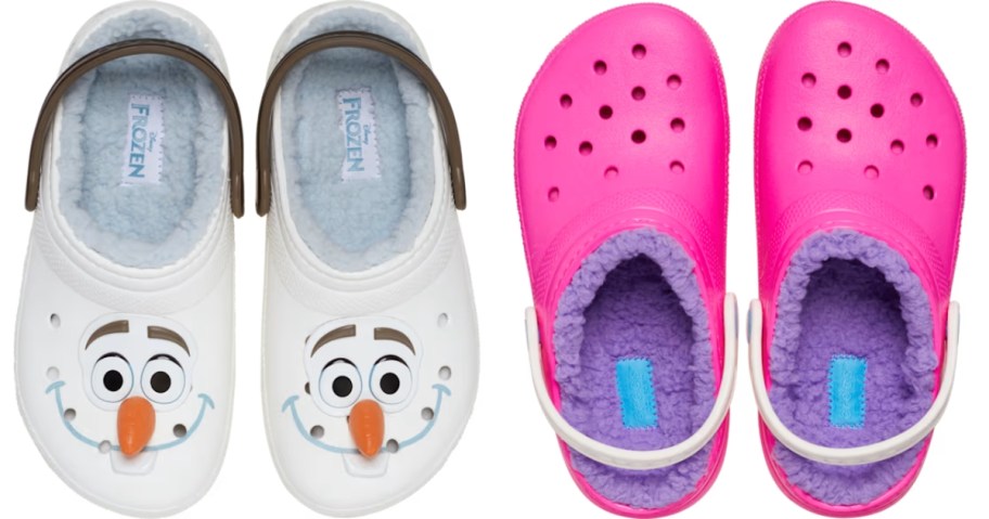 pair of white kids Disney Olaf from Frozen Crocs and a pair of kids pink crocs with purple lining and white heel strap