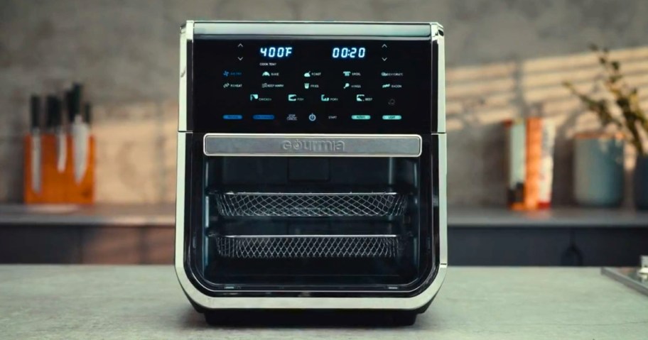 a large Gourmia All-in-One 14-Quart Air Fryer on a kitchen counter