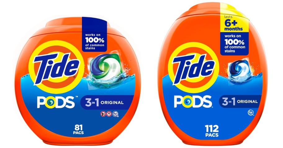 two orange round and oval Tide Pod original scent laundry pacs containers