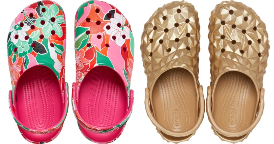 pair of pink floral Crocs and pair of gold geomatric Crocs