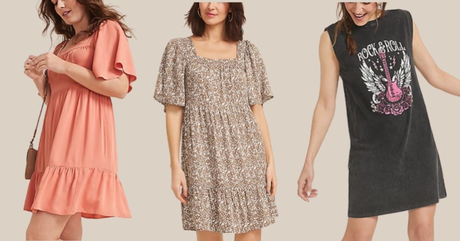 3 women wearing different colors and styles of knee length dresses