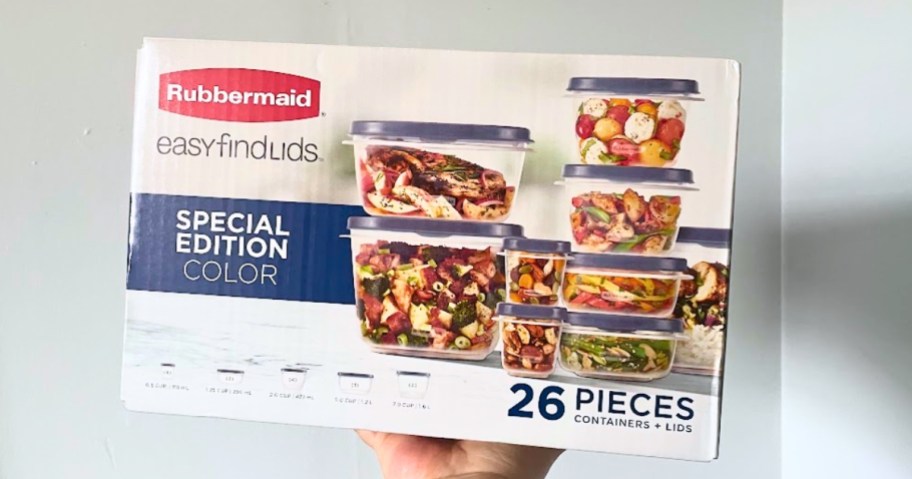 hand holding a white box with a Rubbermaid Easy Find Lids 26-Piece Set - clear containers with blue lids are shown on the box and it says Special Edition color