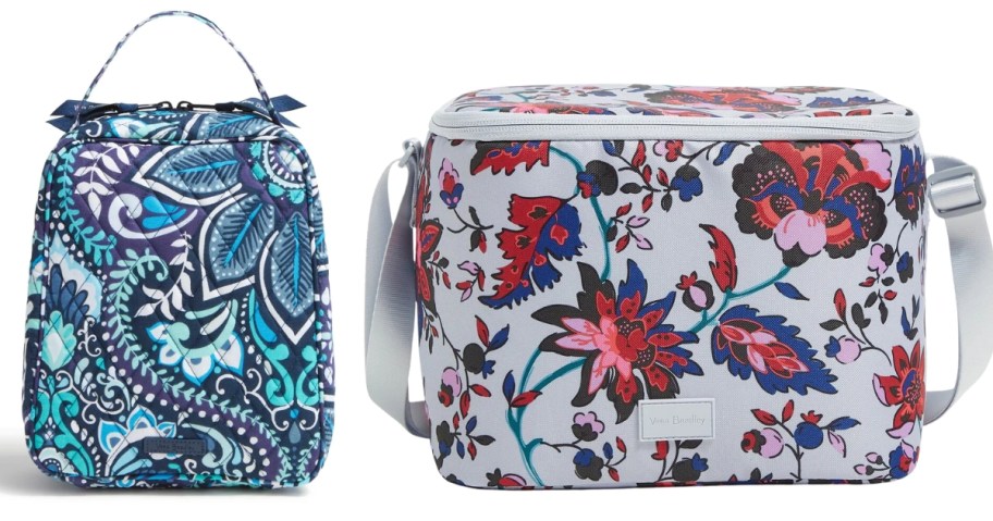 a blue floral print lunch bag and a white and red floral print cooler lunch bag