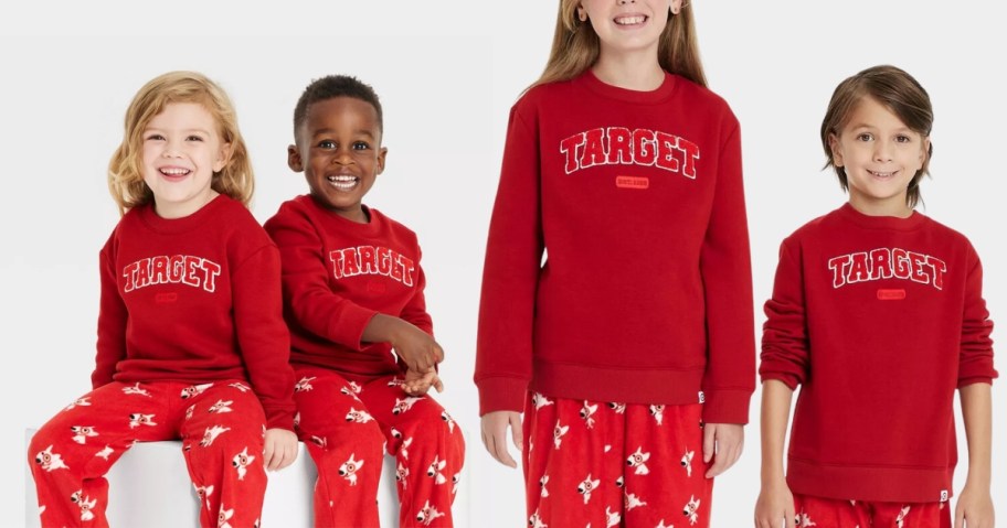 toddler girl and boy and little girl and little boy wearing matching red color sweatshirts that have 