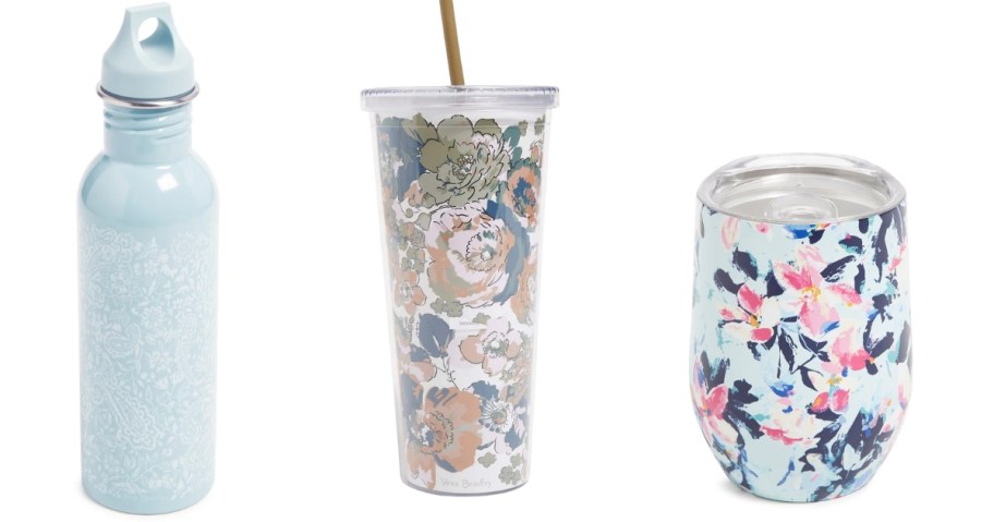 Vera Bradley water bottle, travel tumbler, and wine tumbler in various floral patterns