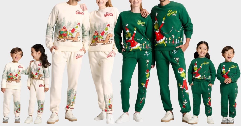 kids and adults wearing matching The Grinch sweatshirts and joggers in 2 different colors