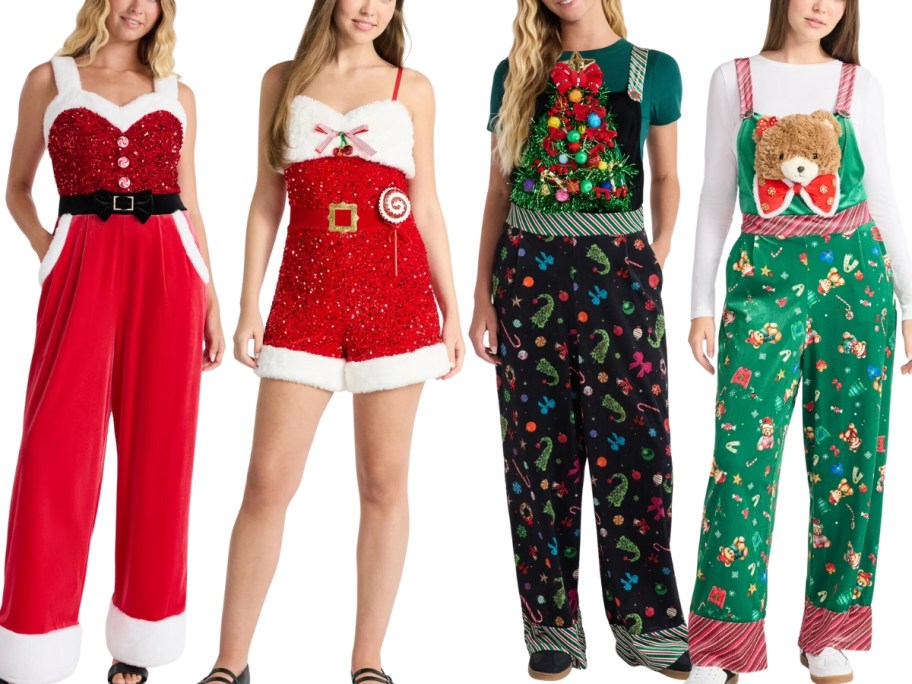 four women in different Christmas jumpsuits