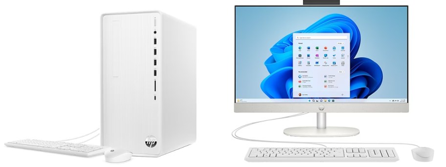 a white desktop computer base only next to a white keyboard, next to them is an all in one desktop computer monitior with a white keyboard and mouse