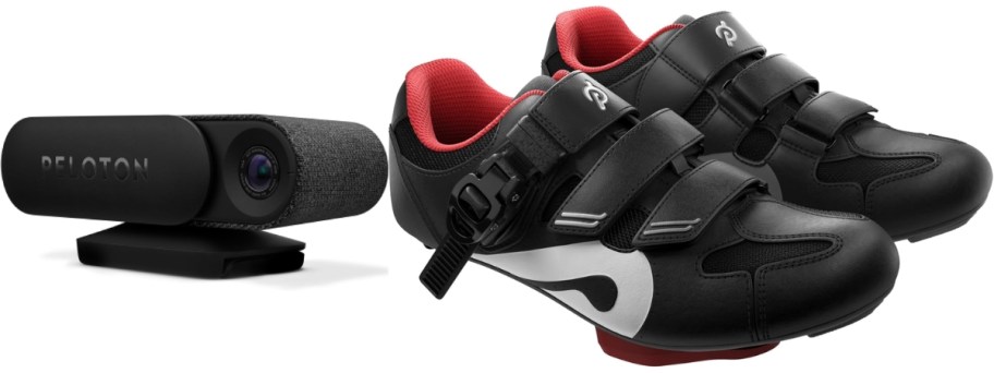 a Peleton TV device and a pair of Peleton bike shoes