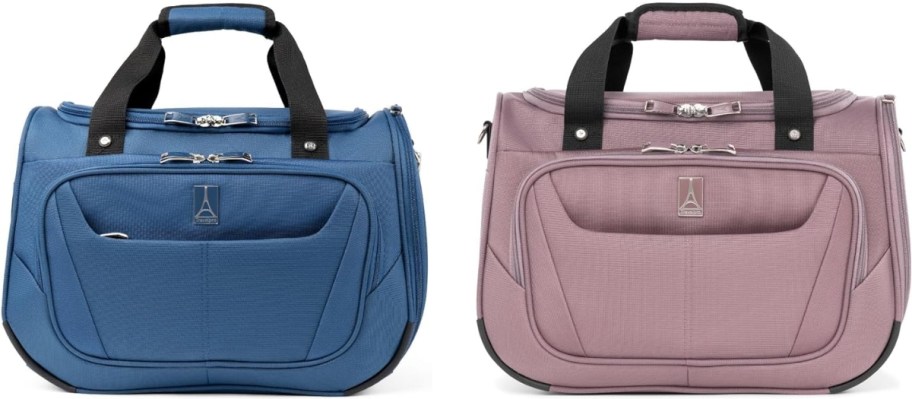2 carryon luggage bags with handles and straps, one is a medium blue color and the other is a light pink