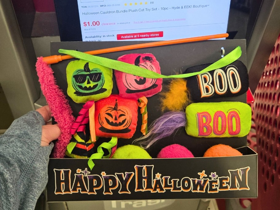 hand holding a box with a Halloween themed pet toy, Target price scanner screen behind it showing $1