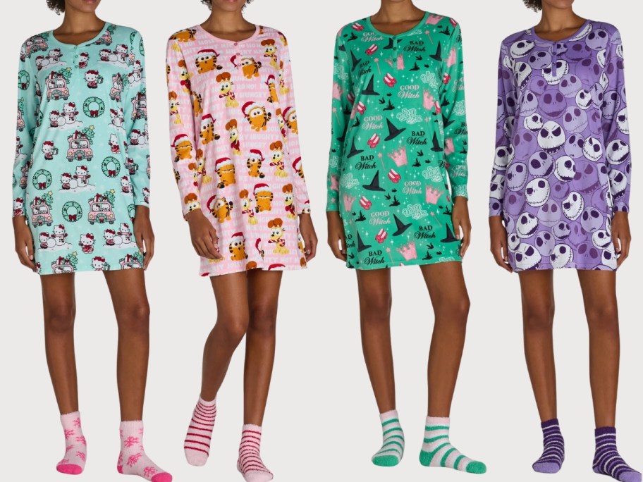 women wearing sleepshirts with various characters on them like Hello Kitty, Garfield, Wicked, Jack Skellington and matching socks