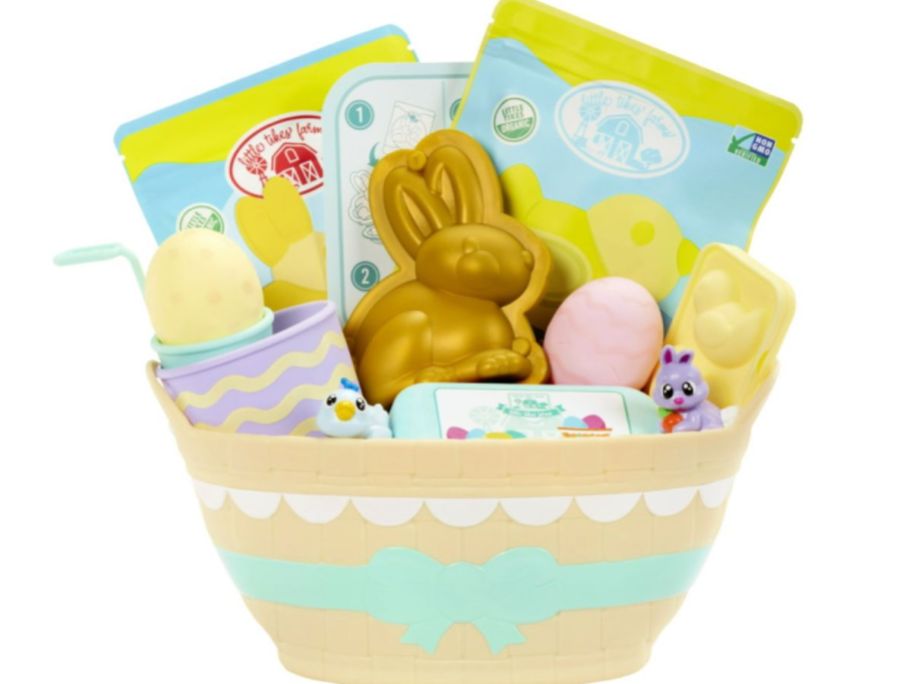 Topped brown Easter Basket with various Easter eggs and baking supplies for children