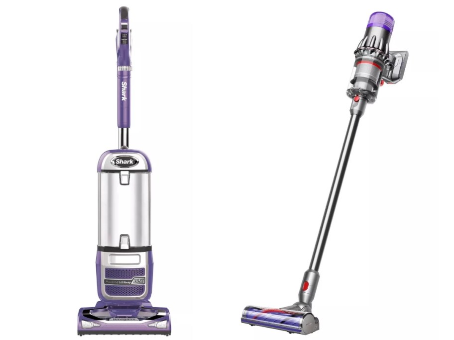 Purple Shark Vacuum Cleaner and Gray and Purple Dyson Cordless Stick Vacuum Cleaner