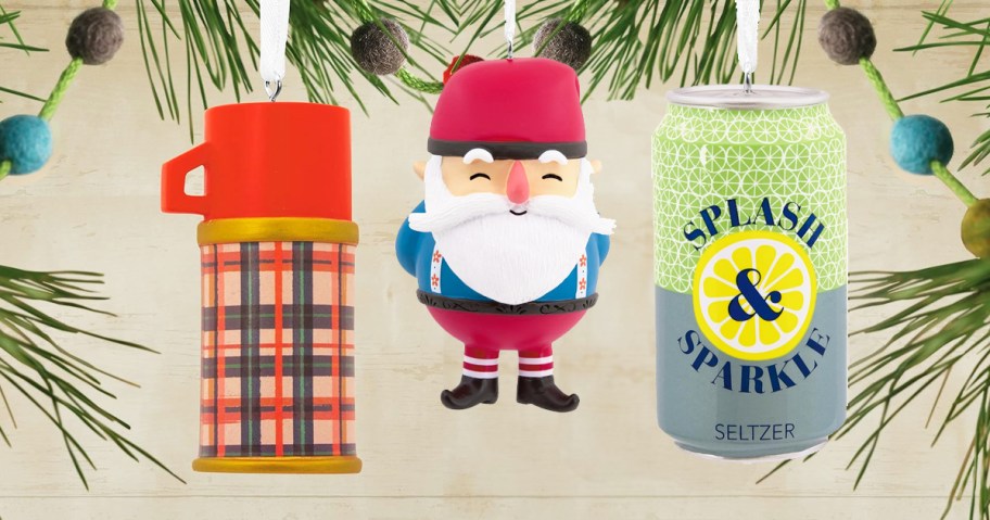 thermos, gnome, and seltzer can ornaments