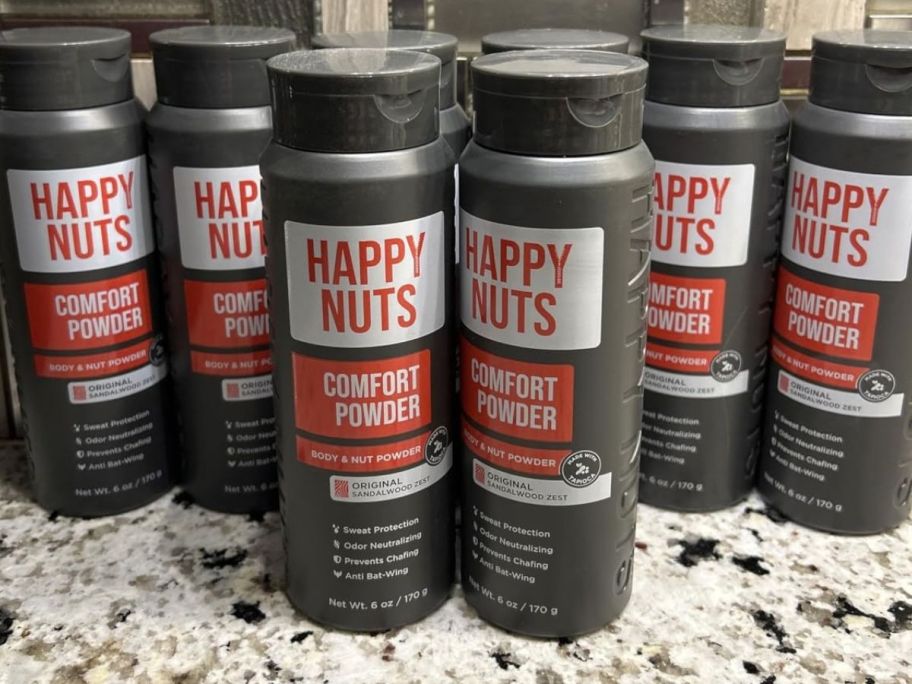 Happy Nuts Comfort Powder Deodorant 6oz containers on counter