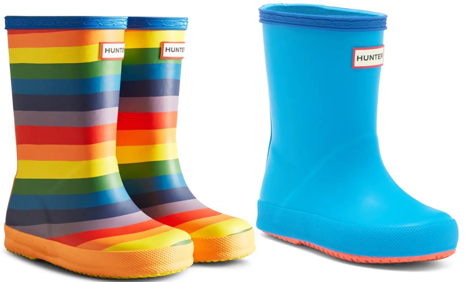 rainbow stripe and bright blue rain boots