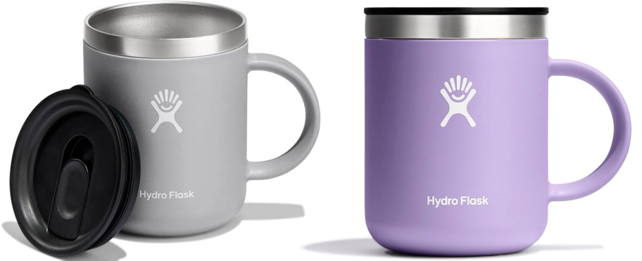 grey and purple stainless steel coffee mugs