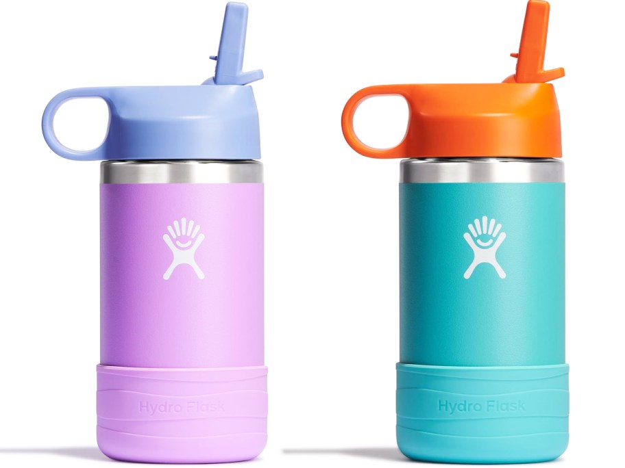 pink and blue kids water bottles