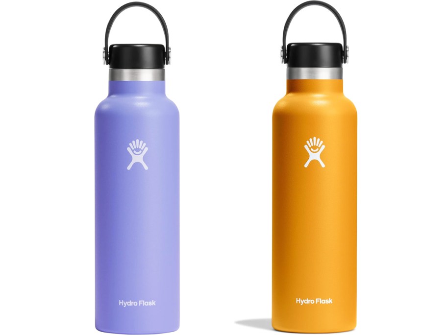 purple and yellow hydro flask bottles