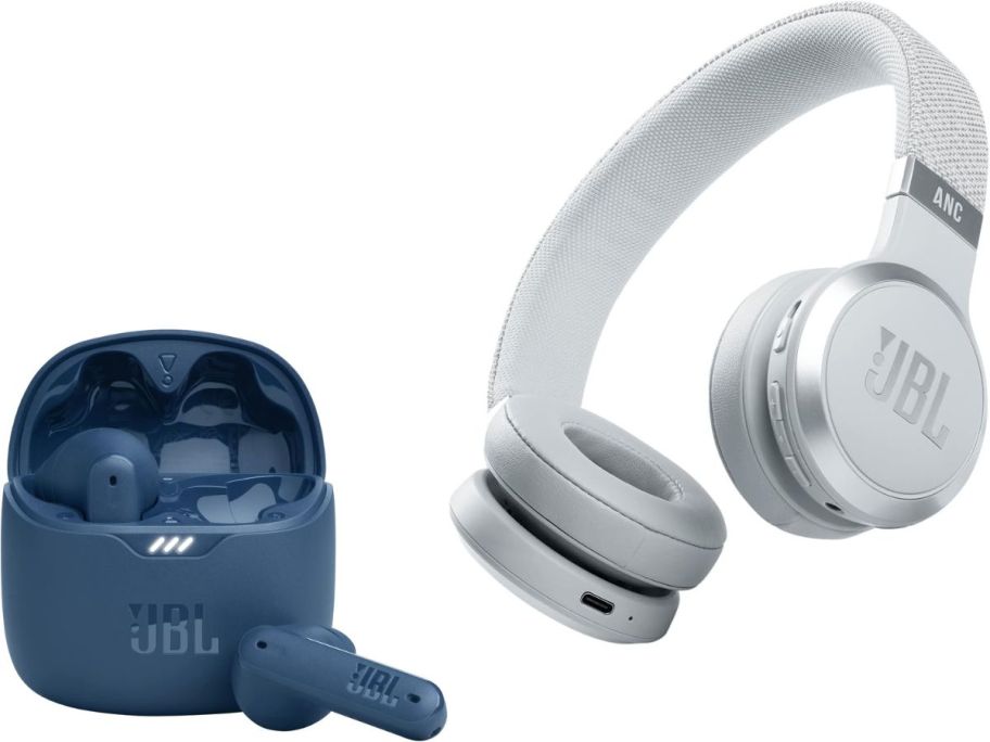 Stock images of JBL earbuds and headphones