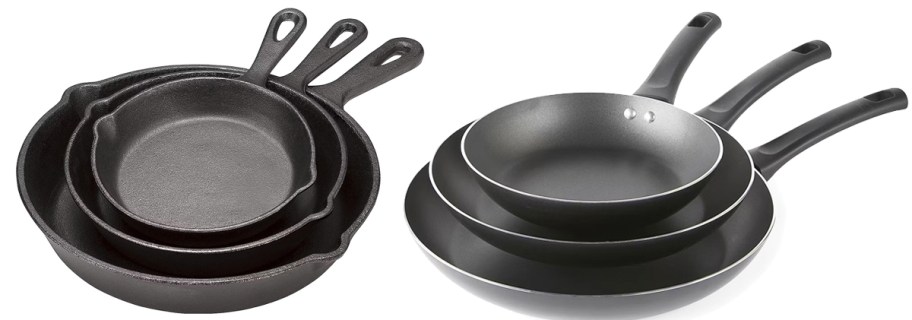 3-pack sets of cast iron and non-stick pans