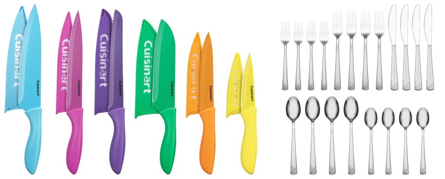 colorful knives and silver flatware set