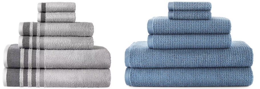 grey and blue stacks of bath towels